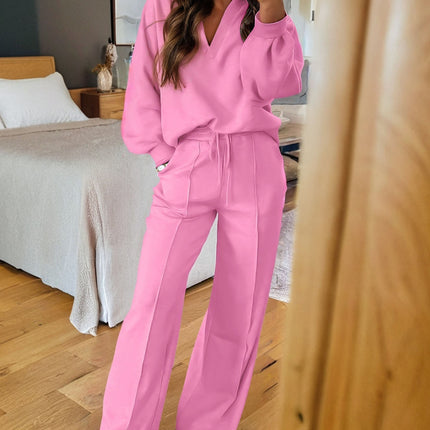 Bright Pink Polo Collar V Neck Pullover and Drawstring Sweatpants Set