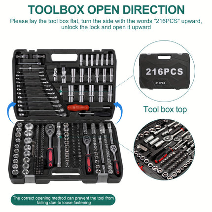 216pcs Wrench And Socket Set for Automotive, Marine, And Motorcycle Repairs with Ratchet And Spanners