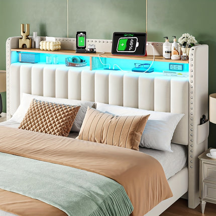 Color-Controlled Bed Frame With Light Strip And Socket, Three Sizes Available