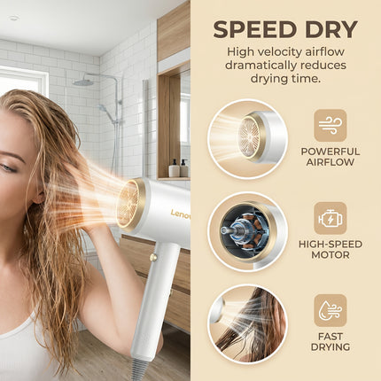 Lenovo Hair Dryer, Fast Drying, Multi-Speed Settings, Hot & Cold Air Switch, Low Noise, Overheat Protection,