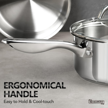 Premium 18/10 Stainless Steel Saucepan Set 6pc Tri-Ply Nonstick Pots with Tempered Glass Lids