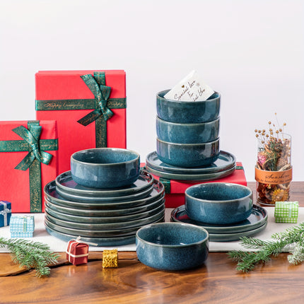 18pcs Elegant Blue Stoneware Dinner Set with Dual-Sided Reactive Glaze - Includes Dinner Plates