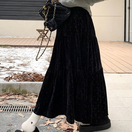 Women'S Elegant Heart Pattern Velvet Skirt - High-Waisted A-Line Long Skirt with Ruffled Hem