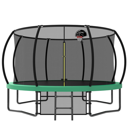 Pumpkin Style 12FT Recreational Kids Trampoline with Safety Enclosure Net & Ladder, Green Steel Frame, 144.09 Inches
