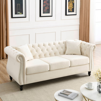 [Video] 80' Chesterfield Sofa Beige Velvet for Living Room, 3 Seater Sofa Tufted Couch with Rolled Arms and Nailhead for Living Room, Bedroom, Office, Apartment, two pillowsW834S00008