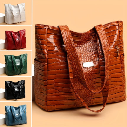 Women's preferred large-capacity tote: elegant, solid-color, crocodile-patterned PU bag with secure zipper