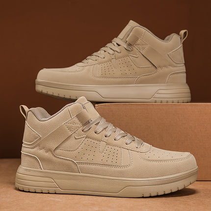 Outdoor Casual Sneakers - Beige PU Upper, MD Sole & EVA Cushioning, Breathable Fabric Lining