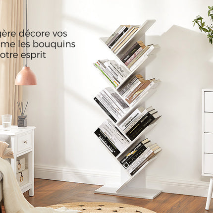 Tree Bookshelf, 9-Tier Floor Standing Bookcase, Space-Saving Corner Shelf, with Wooden Shelves for Bedroom, Living Room
