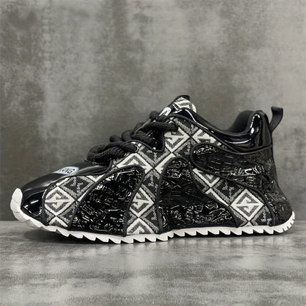 Men's Stylish Embroidered Patchwork Sneakers - Black & White Geometric Design