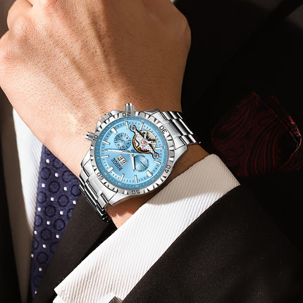 Luxury Weekly Calendar Men'S Watch Casual Sports Stainless Steel Watch, Without Battery