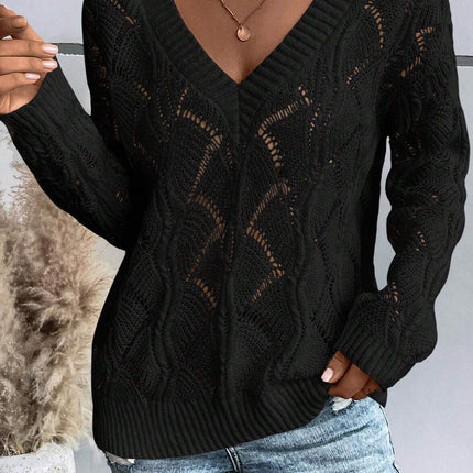 Black Hollow Out Knit V Neck Drop Shoulder Sweater