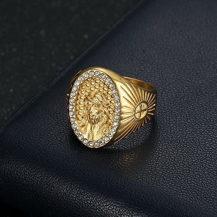 Mens Hip-Hop Titanium Steel Polished Vacuum-Plated Gold Ring