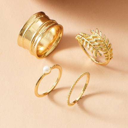 Fashion Gold-plated Leaf Pearl Ring Set, Ladies Street Shooting All-match Ring