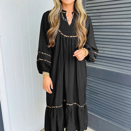 Black Contrast Leopard Trim Split Neck Long Sleeve Casual Midi Dress