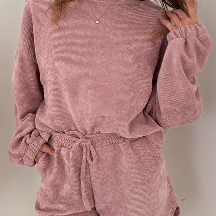 Fushia Solid Color Textured Knit Drop Shoulder Pullover Drawstring Shorts Set