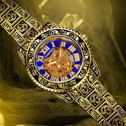 1pc Men'S Luxury Mechanical Watch with Roman Numeral Dial, Blue Hands & Golden-Tone Markers