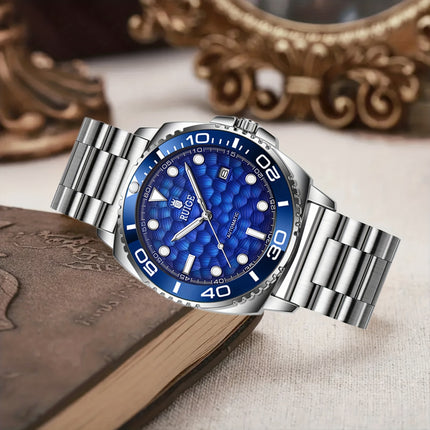 Men's Luxury Automatic Mechanical Watch with Date Chronograph - Stainless Steel Blue Dial Dress Watch,