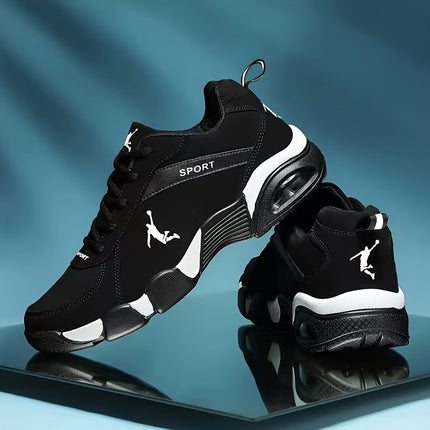 Air Cushion Casual Sneakers  Black/White Colorway, PU Upper, Geometric Design