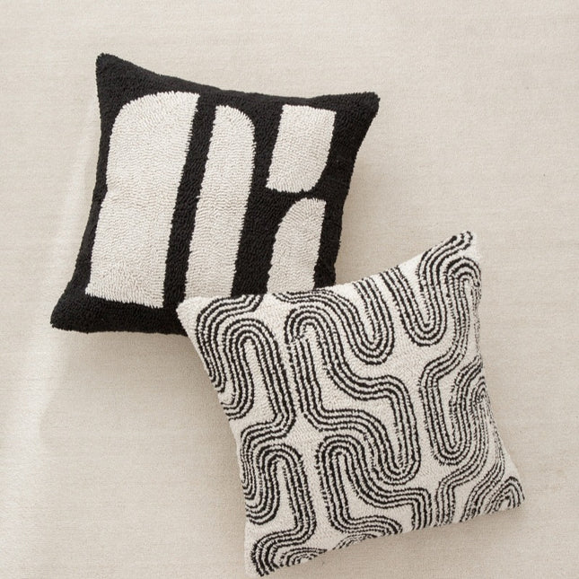 Canvas Tufted Embroidered Bedside Black And White Pillowcase
