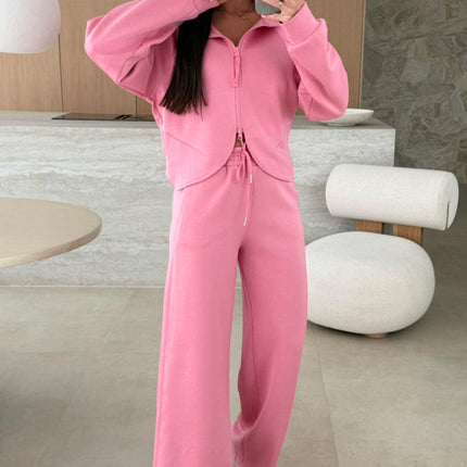 Pink Solid Color Zip Up Hoodie Drawstring Loose Pants Set