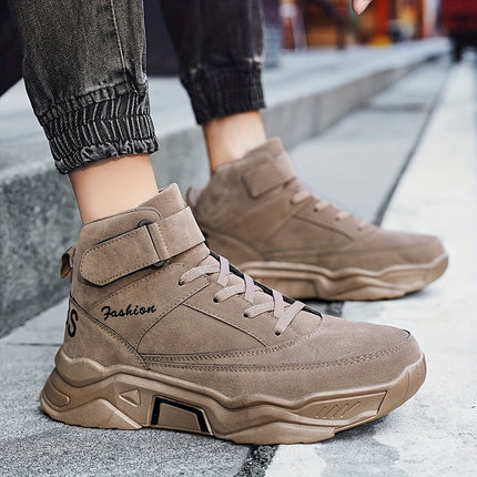 Men's Mid-Top Lace-Up Sneakers, Outdoor Hiking Shoes, Solid Color Thick-Sole Lace-Up Shoes,