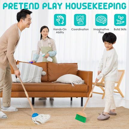 8pcs Wooden Housekeeping Pretend Play Set for Kids, Extended Mop&Broom