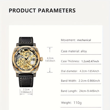 1pc Teen Men'S Yellow Black PU Belt Retro Style Noble Carved Hollow Tourbillon Mechanical Watch,