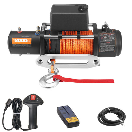 Electric Winch, 12000 lbs Load Capacity, 12V DC Truck Winch with Φ0.36 in x 75.5 ft Synthetic Rope, Wireless & Wired Remote Control, IP55 Waterproof for Towing Off-Road SUV Jeep Trailer Boat