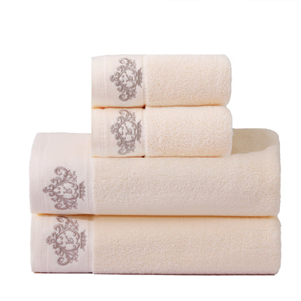 1pc Premium Embroidered Crown Towel - Soft, Absorbent, Non-Fade Cotton Material in Beige & White