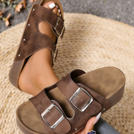 Medium Grey Retro Double Buckle PU Leather Faux Suede Platform Slippers