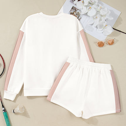 White Color Block Patchwork Drop Shoulder Pullover Casual Shorts 2pcs Outfit