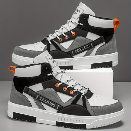 Men's High-Top Running Sneakers - Stylish Black & White Print Design with Orange Accents