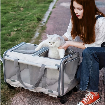 Double Compartment Detachable Travel Carrier for 2 Cats & Puppies - Spacious Pet Trolley with Ventilated Mesh & Removable Lining, Durable Wheels & Ergonomic Handle for Airplane Travel, Vet Visits, Road Trips