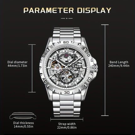 Men'S Mechanical Watch - Elegant Hollow Dial with Stainless Steel Strap,
