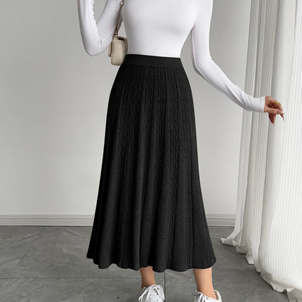 Women's Elegant Long Ribbed Skirt - Solid Color Fall Winter Casual to Formal Wear, Hand Wash/Dry Clean