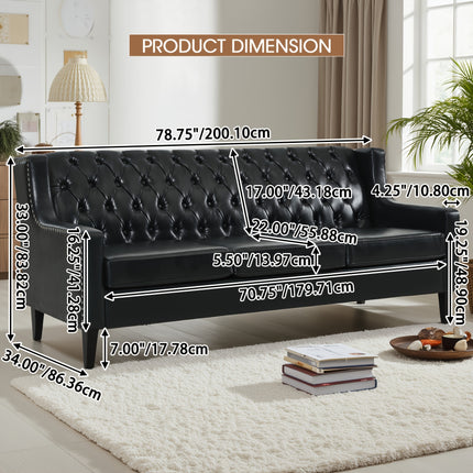 Classic American Style 3-Seater Sofa Suitable for Living Room & Office - Traditional PU Couch with Frame,