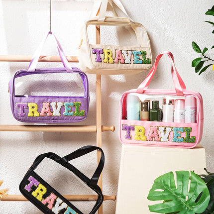 Light Pink TRAVEL Chenille Letter Clear PVC Makeup Bag