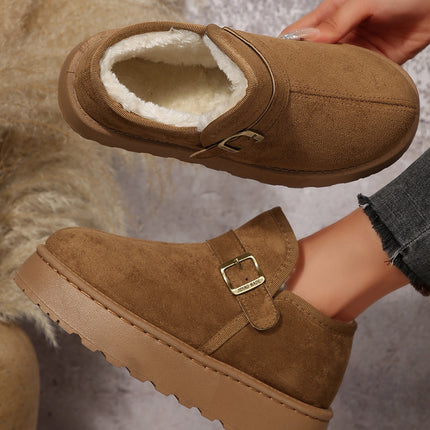 Coffee Buckle Detail Round Toe Platform Cozy Winter Boots