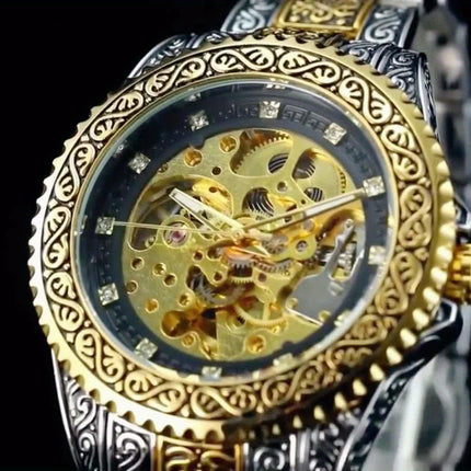 Men'S Vintage Mechanical Watch Luxury Hollow Case with Golden-Tone Dial, Mechanical Movement