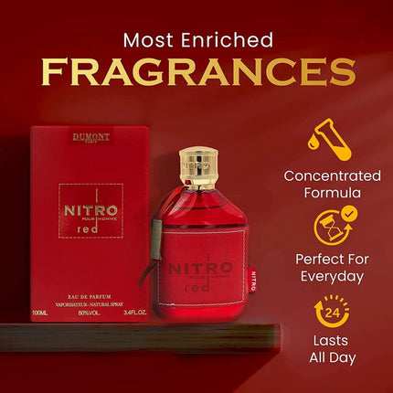 Dumont Nitro Red Eau De Parfum for Men 3.4 Oz - Fruit, Woody, Floral & Masculine Fragrance