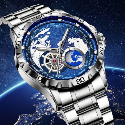Men's Automatic Watch, Rotating Little Earth Blue Dial Men's Mechanical Watch Steel Strap Stopwatch