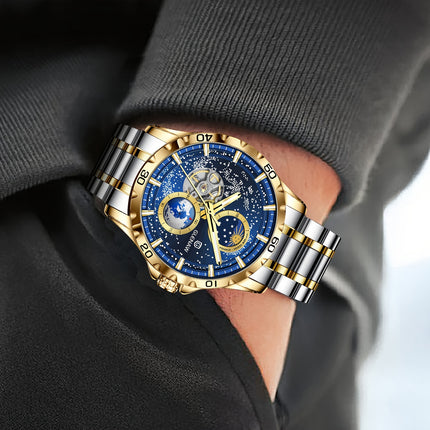 Men's Mechanical Watch Starry Sky Dial Steel Band Stopwatch Sun Moon Star Automatic