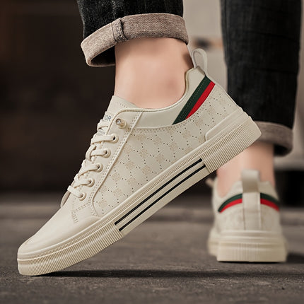 Stylish White Skate Sneakers with Red & Green Striped Pattern – Comfortable, Durable,