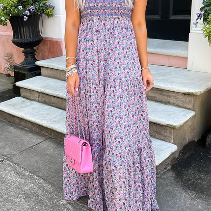 Purple Floral Short Bubble Sleeve Shirred High Waist Maxi Dress