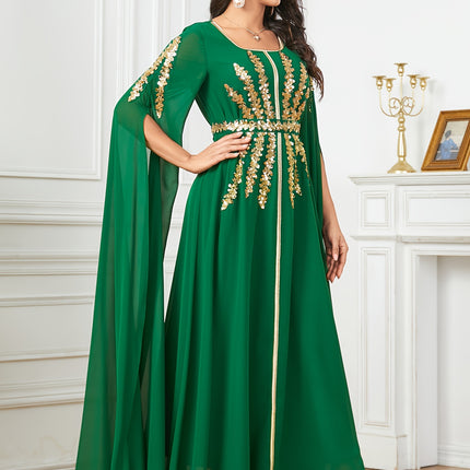 Middle Eastern Fashion Solid Color Sequin Embroidered Waist-Cinching Long Split Sleeve Gown Dress