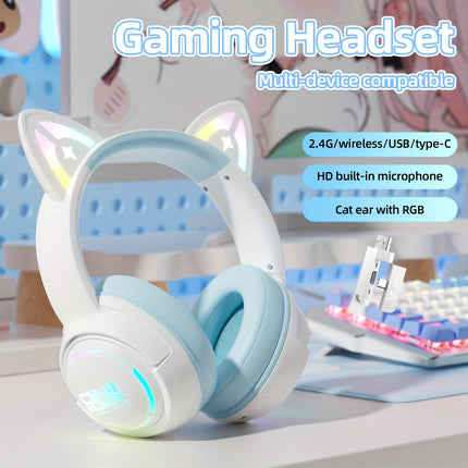 Professional Gaming Headset with Illuminated Cat Ears & RGB Lighting, Isolation