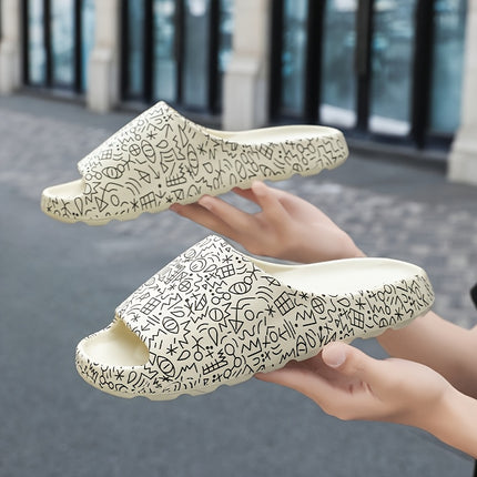 2 pcs Men's Plus Size Slippers, Men's Fashion Graffiti Casual Slides, Couples Indoor Outdoor Soft