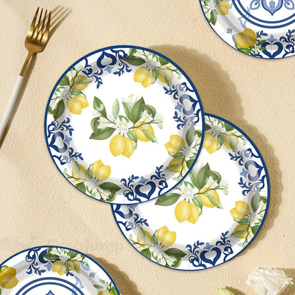 30pcs Disposable Tableware Set Featuring a Lemon And Blue Porcelain Theme, Uncoated Utensils