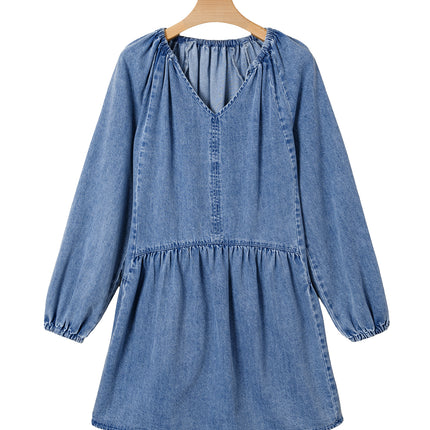 Myosotis Puff Sleeve V Neck Ruffled Loose Denim Mini Dress