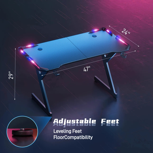 Gaming Desk With Carbon Fiber Desktop And 4 LED Lights, Sturdy Home/office